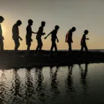 group of children walking near body of water silhouette photography