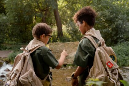 two boys looking a map