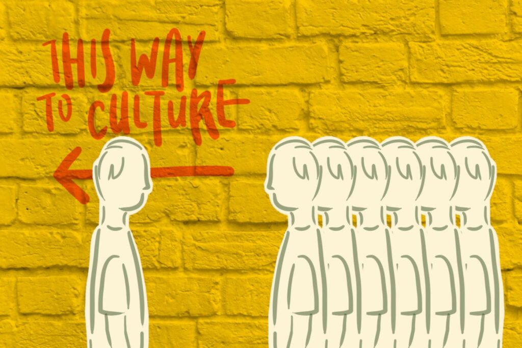 A depiction of people heading in opposite directions but to the same place, which is "cultural christianity."