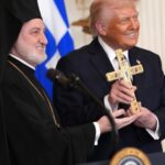 President Trump received a Holy Cross from Archbishop Elpidophoros at a White House Greek Independence Day event, likened to Constantine the Great.