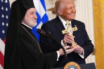 President Trump received a Holy Cross from Archbishop Elpidophoros at a White House Greek Independence Day event, likened to Constantine the Great.