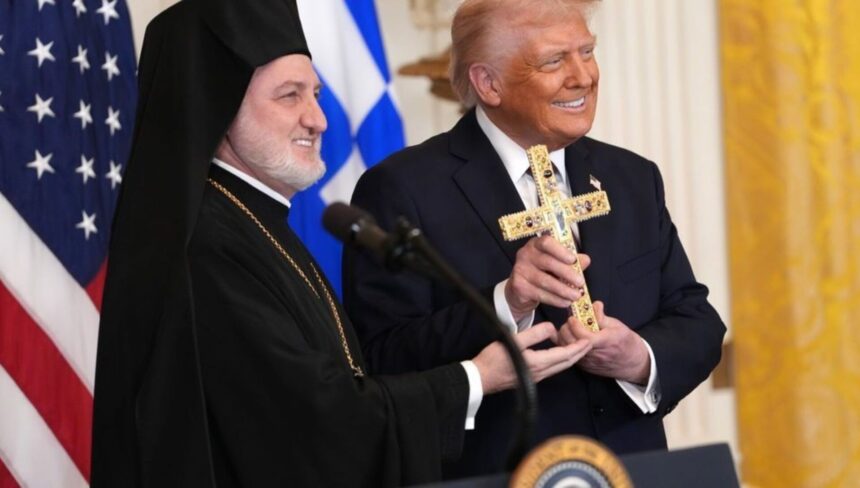 President Trump received a Holy Cross from Archbishop Elpidophoros at a White House Greek Independence Day event, likened to Constantine the Great.