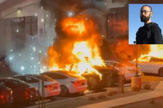 Man arrested in Las Vegas for arson and vandalism at Tesla Collision Center on March 18, 2025. Paul Hyon Kim faces 15 counts after firebombing vehicles and shooting at the facility.