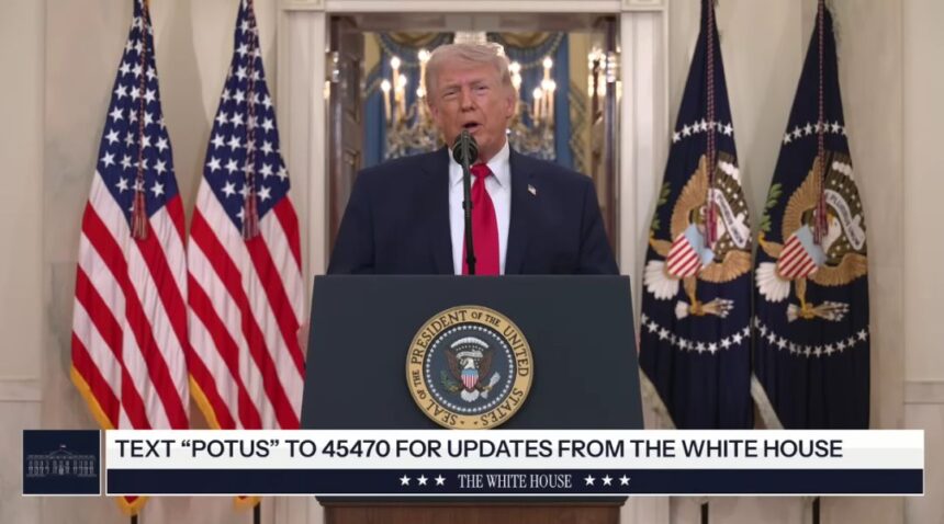 President Donald Trump delivers a national address on the Iran war, vowing continued military action while stating U.S. objectives are close to completion.