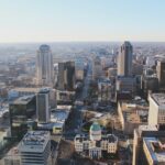 Aerial view of the St. Louis skyline at sunrise