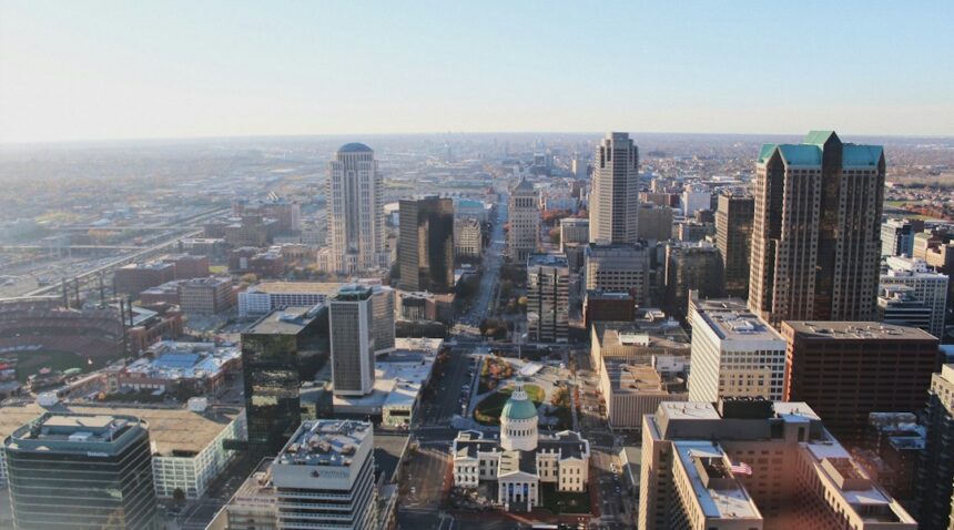 Aerial view of the St. Louis skyline at sunrise