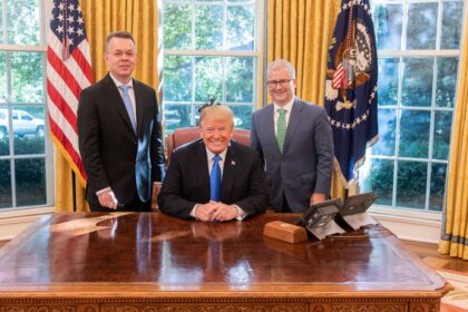 Andrew Brunson meeting President Trump and Rep. Patrick McHenry at the White House in 2018.