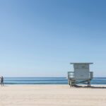 California beach lifeguard tower and ocean illustrating dangerous surf conditions