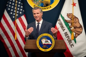 California Governor Gavin Newsom speaking at a press conference