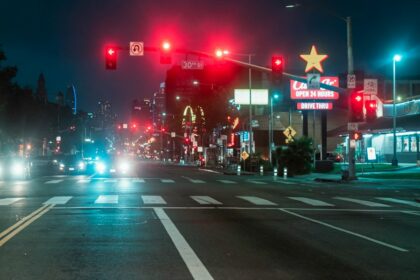 City intersection and traffic lights at night