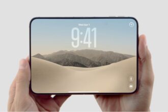 Concept illustration of a foldable iPhone opened to show its wide interior display
