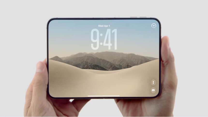 Concept illustration of a foldable iPhone opened to show its wide interior display