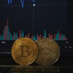 Cryptocurrency coins on a computer keyboard