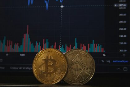 Cryptocurrency coins on a computer keyboard