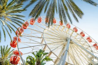 Festival scene with palm trees and Ferris wheel in Southern California