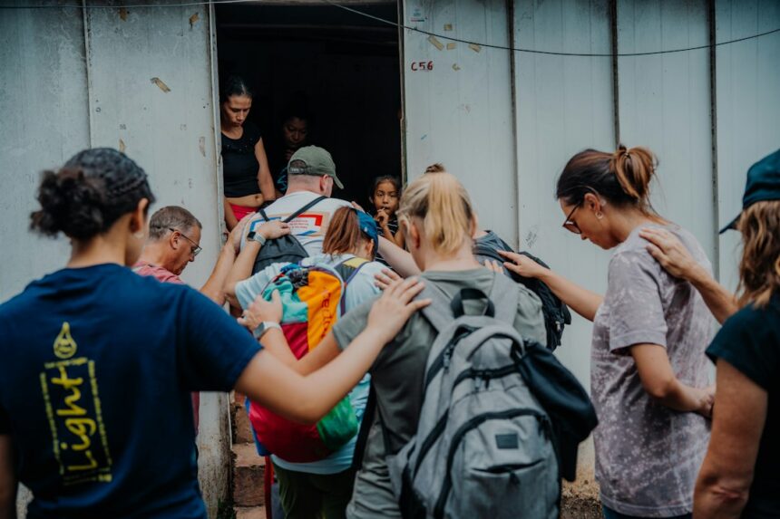Group of people outside a community service building