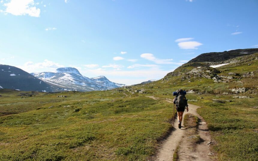 Hiker walking through a mountain landscape.
