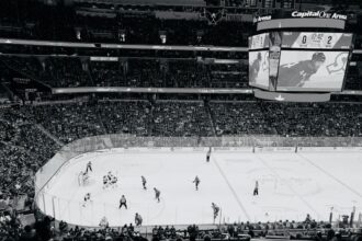 Ice hockey players in an arena, illustrative photo