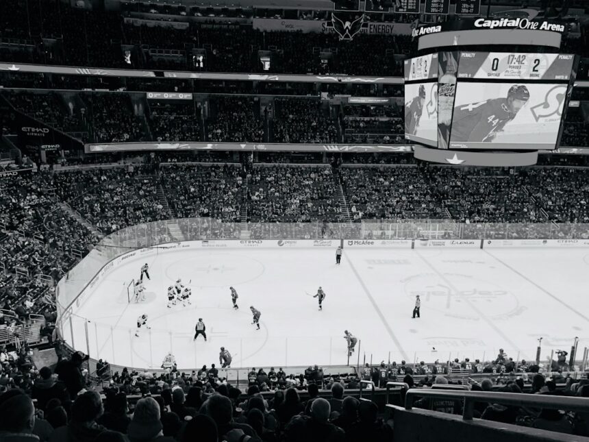 Ice hockey players in an arena, illustrative photo