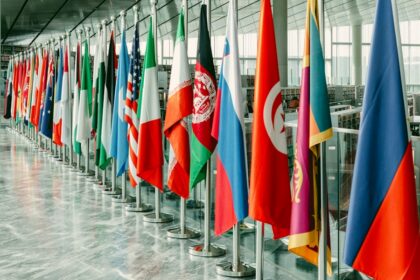 International flags representing trade and diplomatic negotiations