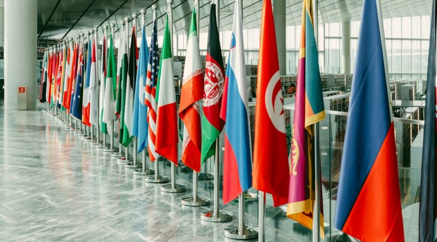 International flags representing trade and diplomatic negotiations