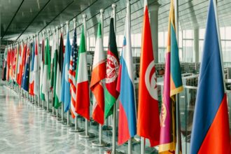 International flags representing U.S.-China diplomacy