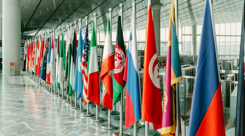 International flags representing U.S.-China diplomacy