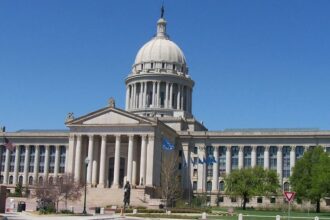 Oklahoma State Capitol building under a blue sky