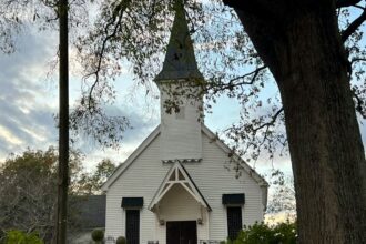 Small-town church with white steeple