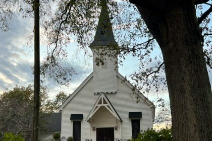 Small-town church with white steeple