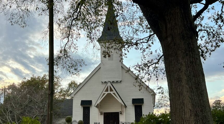 Small-town church with white steeple