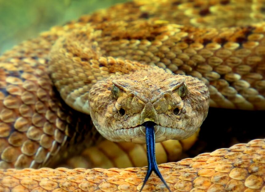 Snake photographed on natural ground, illustrative image