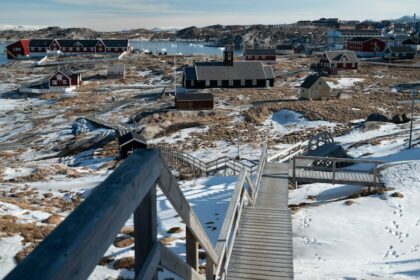 Snowy Greenland coastal village and Arctic landscape