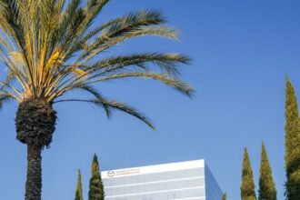 Southern California office building and palm tree, illustrative photo