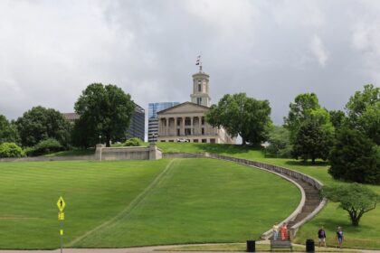 Tennessee State Capitol in Nashville beneath a partly cloudy sky.