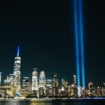 Tribute in Light beams rising above the New York City skyline in remembrance of September 11