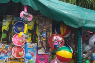 Colorful toys at a market stall