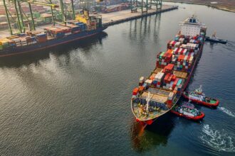 Container ship on the water; illustrative photograph