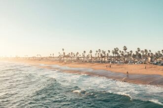 File photograph of the Newport Beach coastline; not current flood conditions.