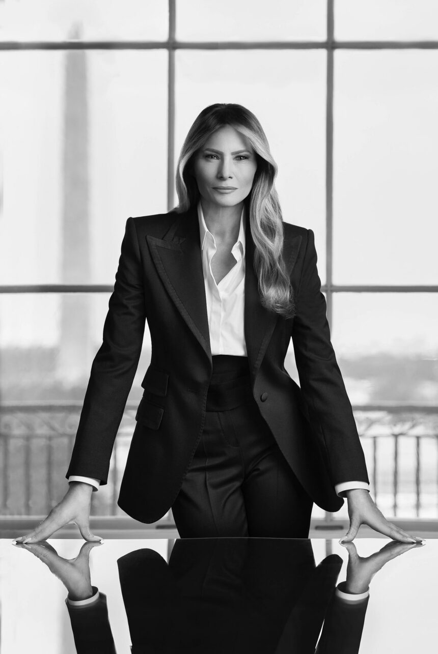 First Lady Melania Trump in her official black-and-white White House portrait.