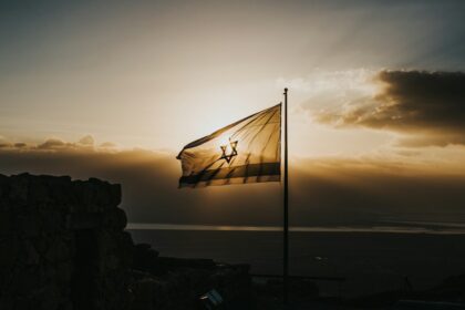 Israeli flag silhouetted against the sky; illustrative photograph
